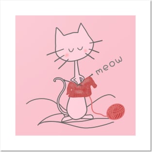 Pink Knitting Cat - Soft Pink Posters and Art